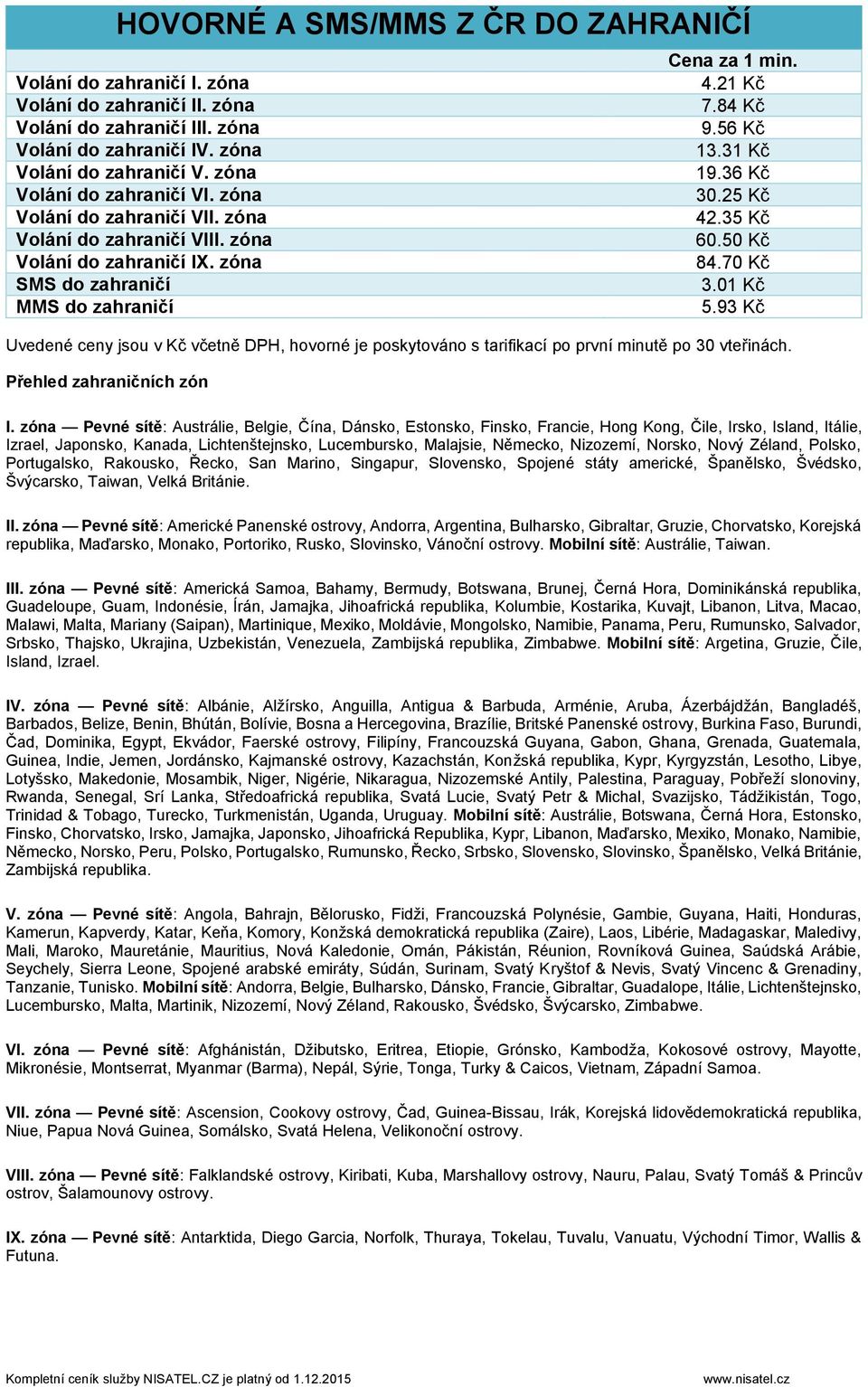 70 Kč SMS do zahraničí 3.01 Kč MMS do zahraničí 5.93 Kč Uvedené ceny jsou v Kč včetně DPH, hovorné je poskytováno s tarifikací po první minutě po 30 vteřinách. Přehled zahraničních zón I.