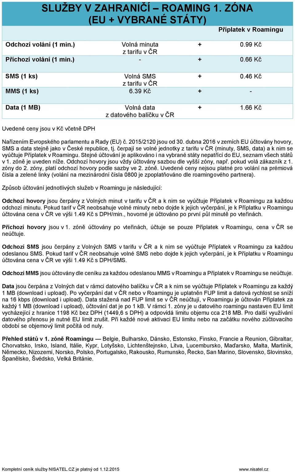 dubna 2016 v zemích EU účtovány hovory, SMS a data stejně jako v České republice, tj. čerpají se volné jednotky z tarifu (minuty, SMS, data) a k nim se vyúčtuje Příplatek v Roamingu.