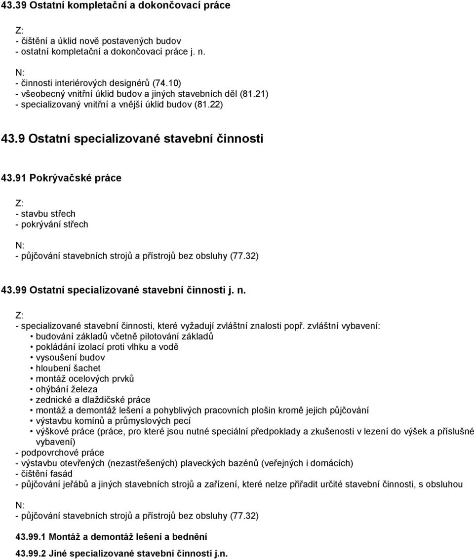 91 Pokrývačské práce - stavbu střech - pokrývání střech - půjčování stavebních strojů a přístrojů bez obsluhy (77.32) 43.99 Ostatní specializované stavební činnosti j. n.