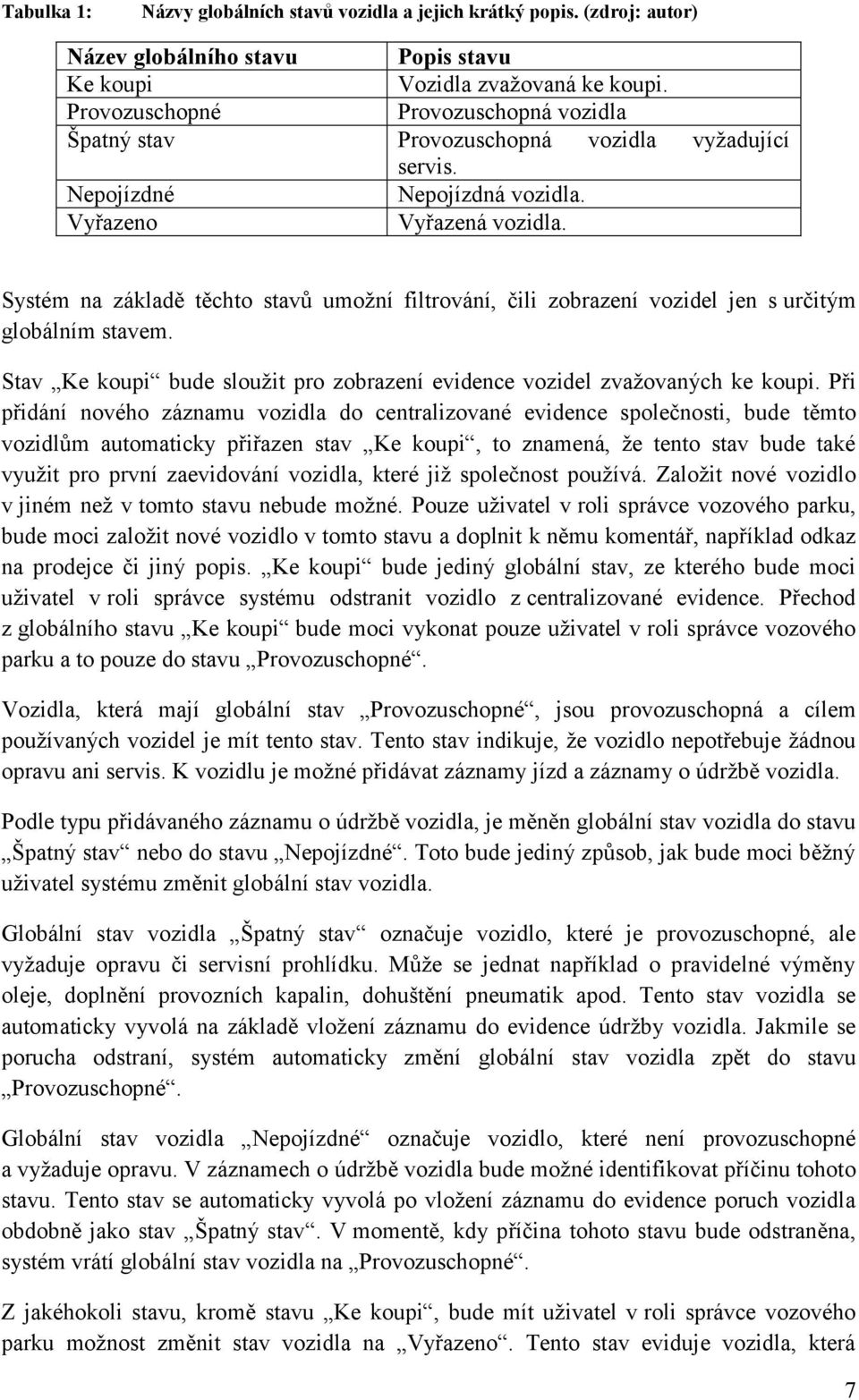 Systém na základě těchto stavů umožní filtrování, čili zobrazení vozidel jen s určitým globálním stavem. Stav Ke koupi bude sloužit pro zobrazení evidence vozidel zvažovaných ke koupi.