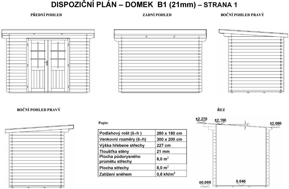 Výška hřebene střechy Tloušťka stěny Plocha půdorysného průmětu střechy 280 x 180