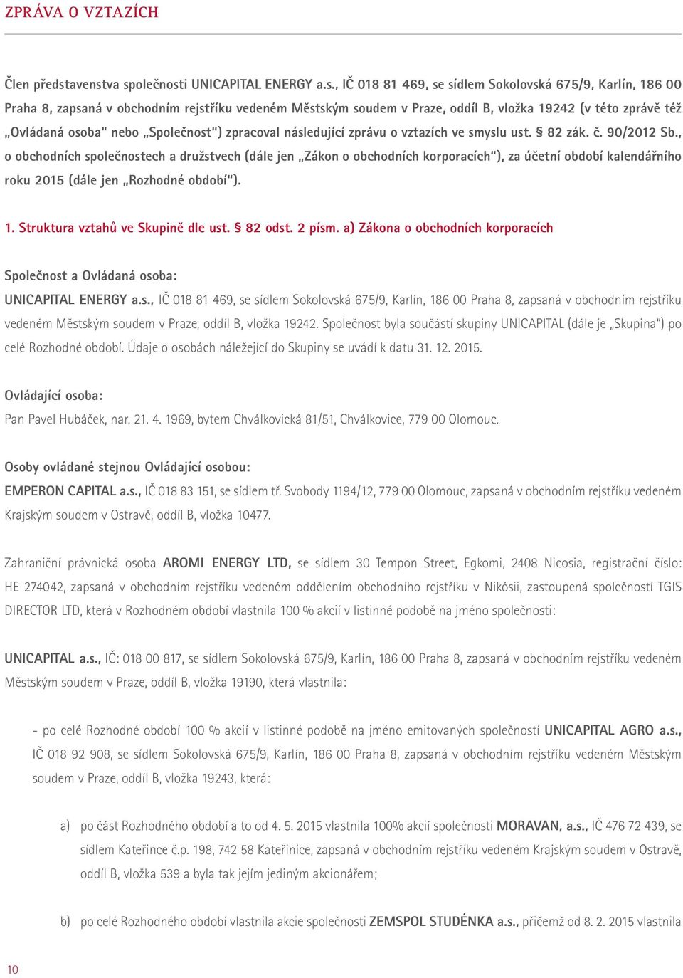 va společnosti UNICAPITAL ENERGY a.s., IČ 018 81 469, se sídlem Sokolovská 675/9, Karlín, 186 00 Praha 8, zapsaná v obchodním rejstříku vedeném Městským soudem v Praze, oddíl B, vložka 19242 (v této