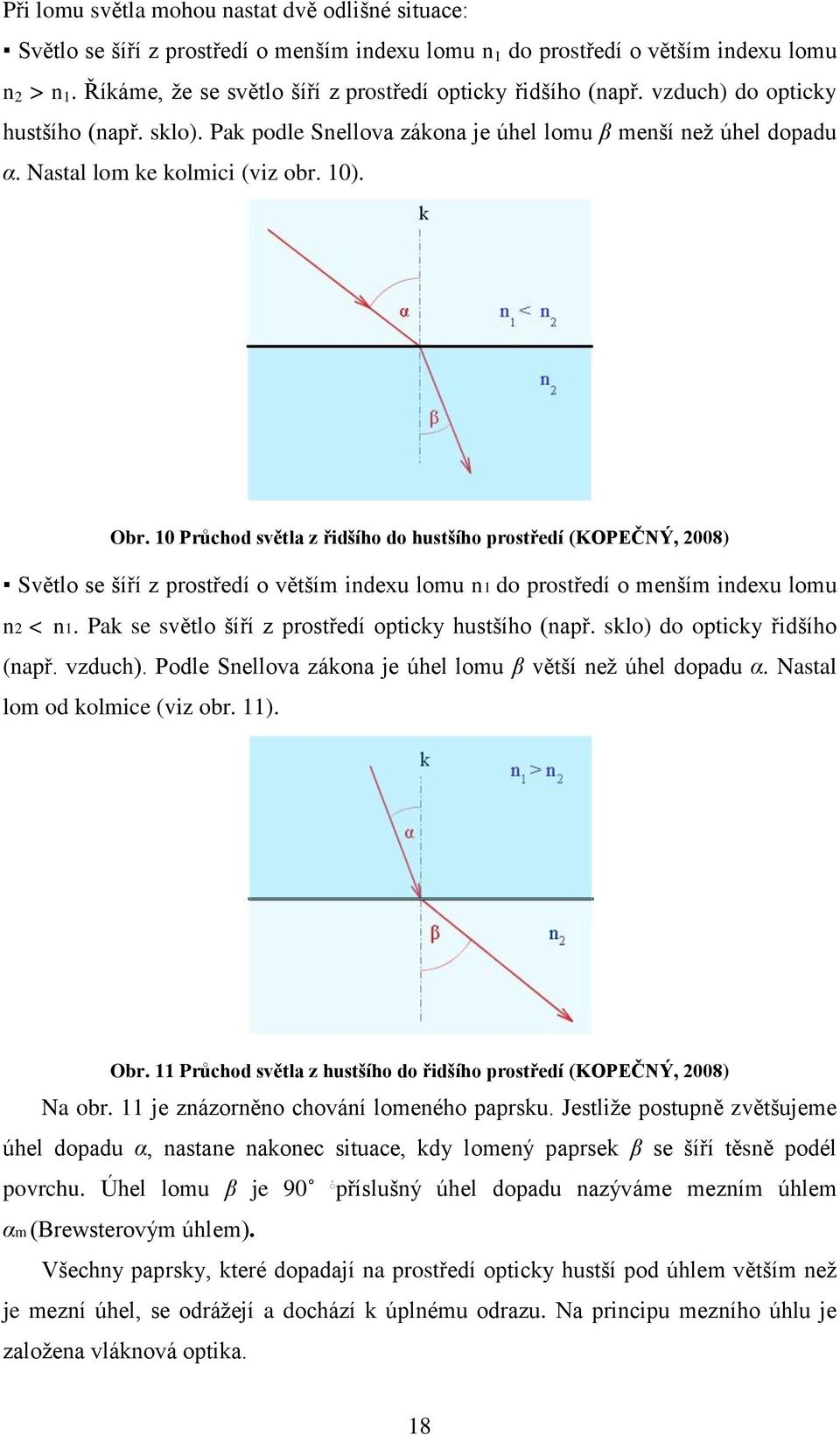 10). Obr. 10 Průchod světla z řidšího do hustšího prostředí (KOPEČNÝ, 2008) Světlo se šíří z prostředí o větším indexu lomu n1 do prostředí o menším indexu lomu n2 < n1.