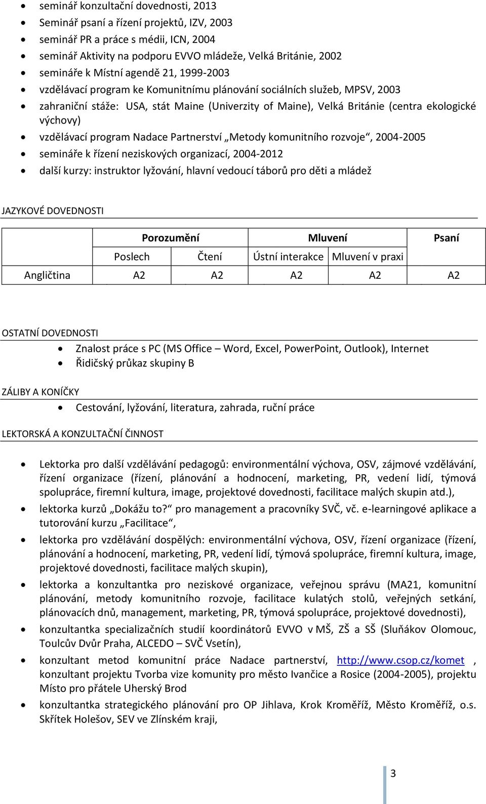 vzdělávací program Nadace Partnerství Metody komunitního rozvoje, 2004-2005 semináře k řízení neziskových organizací, 2004-2012 další kurzy: instruktor lyžování, hlavní vedoucí táborů pro děti a