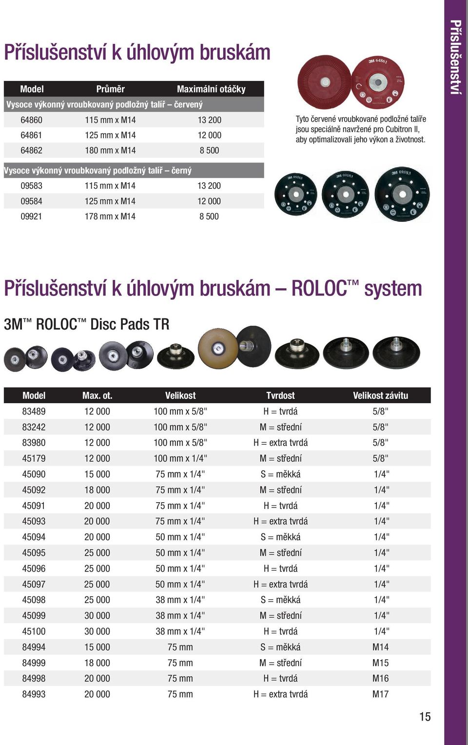 Příslušenství Vysoce výkonný vroubkovaný podložný talíř černý 09583 115 mm x M14 13 200 09584 125 mm x M14 12 000 09921 178 mm x M14 8 500 Příslušenství k úhlovým bruskám ROLOC system 3M ROLOC Disc