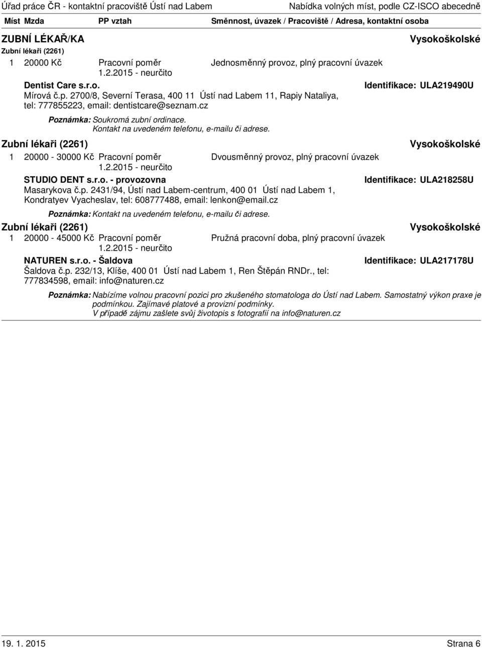 Zubní lékaři (226) 20000-30000 Kč Pracovní poměr Dvousměnný provoz, plný pracovní úvazek.2.205 - neurčito STUDIO DENT s.r.o. - provozovna Identifikace: ULA28258U Masarykova č.p. 243/94, Ústí nad Labem-centrum, 400 0 Ústí nad Labem, Kondratyev Vyacheslav, tel: 608777488, email: lenkon@email.