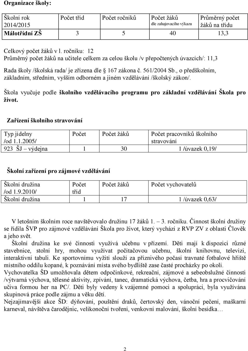 , o předškolním, základním, středním, vyšším odborném a jiném vzdělávání /školský zákon/. Škola vyučuje podle školního vzdělávacího programu pro základní vzdělávání Škola pro život.