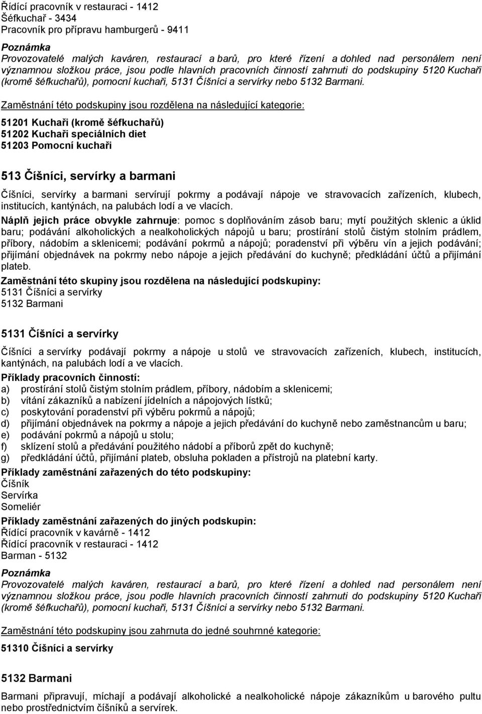 51201 Kuchaři (kromě šéfkuchařů) 51202 Kuchaři speciálních diet 51203 Pomocní kuchaři 513 Číšníci, servírky a barmani Číšníci, servírky a barmani servírují pokrmy a podávají nápoje ve stravovacích