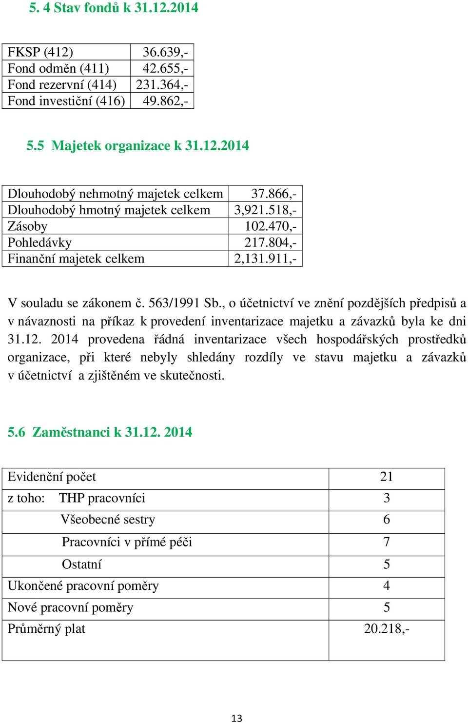 , o účetnictví ve znění pozdějších předpisů a v návaznosti na příkaz k provedení inventarizace majetku a závazků byla ke dni 31.12.