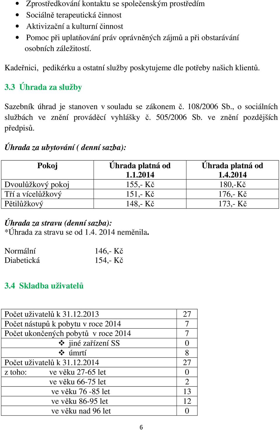 , o sociálních službách ve znění prováděcí vyhlášky č. 505/2006 Sb. ve znění pozdějších předpisů. Úhrada za ubytování ( denní sazba): Pokoj Úhrada platná od 1.1.2014 