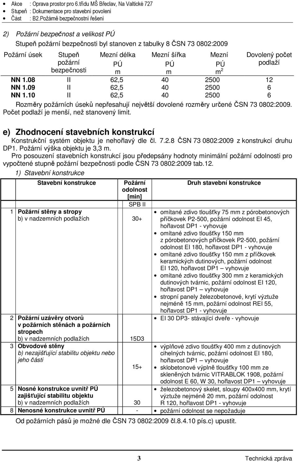 Počet podlaží je menší, než stanovený limit. e) Zhodnocení stavebních konstrukcí Konstrukční systém objektu je nehořlavý dle čl. 7.2.8 ČSN 73 0802:2009 z konstrukcí druhu DP1.