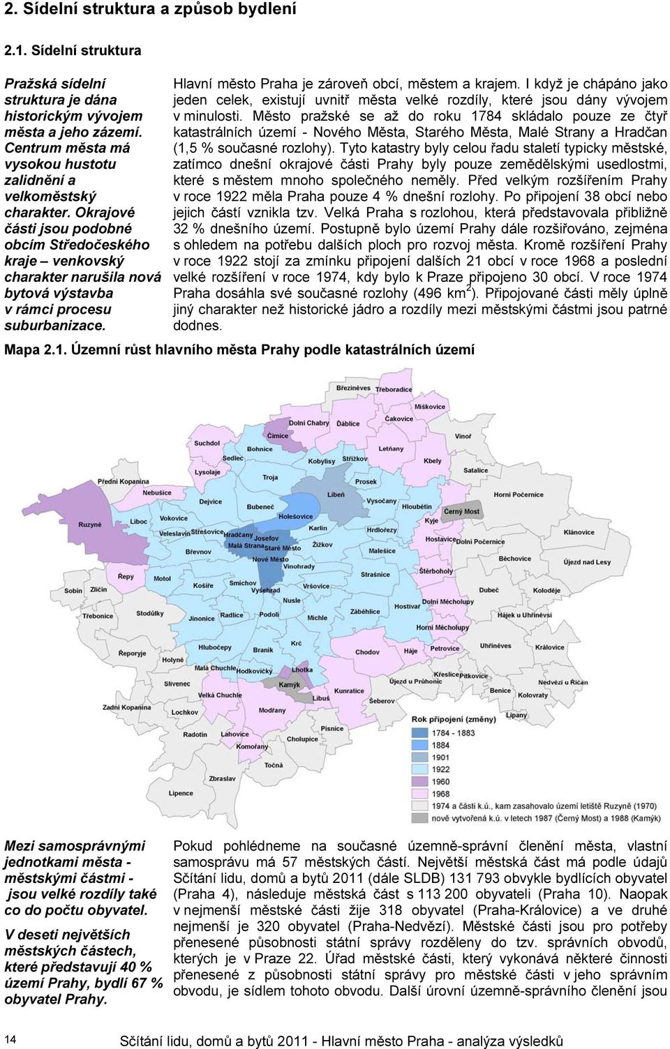 Okrajové části jsou podobné obcím Středočeského kraje venkovský charakter narušila nová bytová výstavba v rámci procesu suburbanizace. Hlavní město Praha je zároveň obcí, městem a krajem.