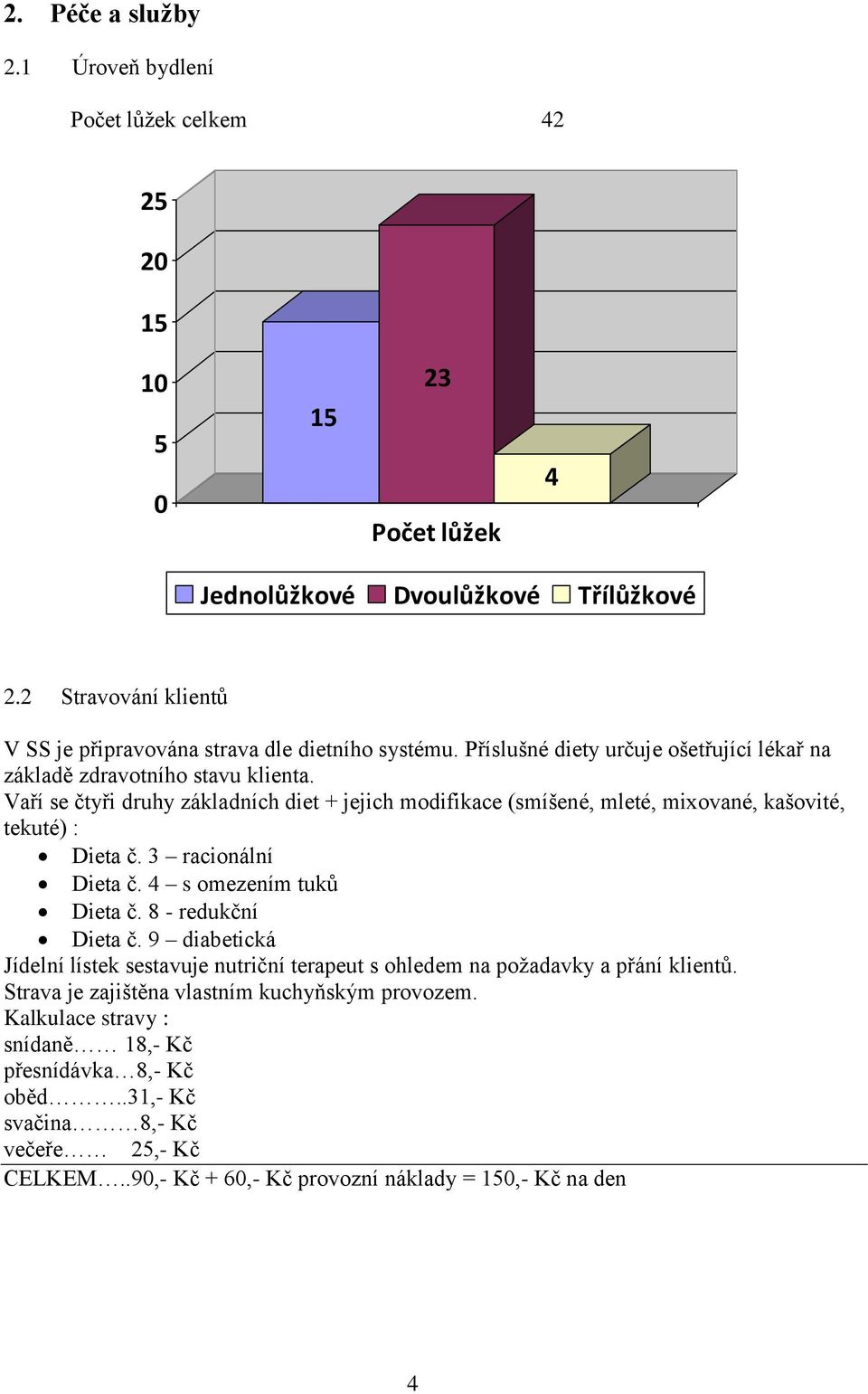 Vaří se čtyři druhy základních diet + jejich modifikace (smíšené, mleté, mixované, kašovité, tekuté) : Dieta č. 3 racionální Dieta č. 4 s omezením tuků Dieta č. 8 - redukční Dieta č.