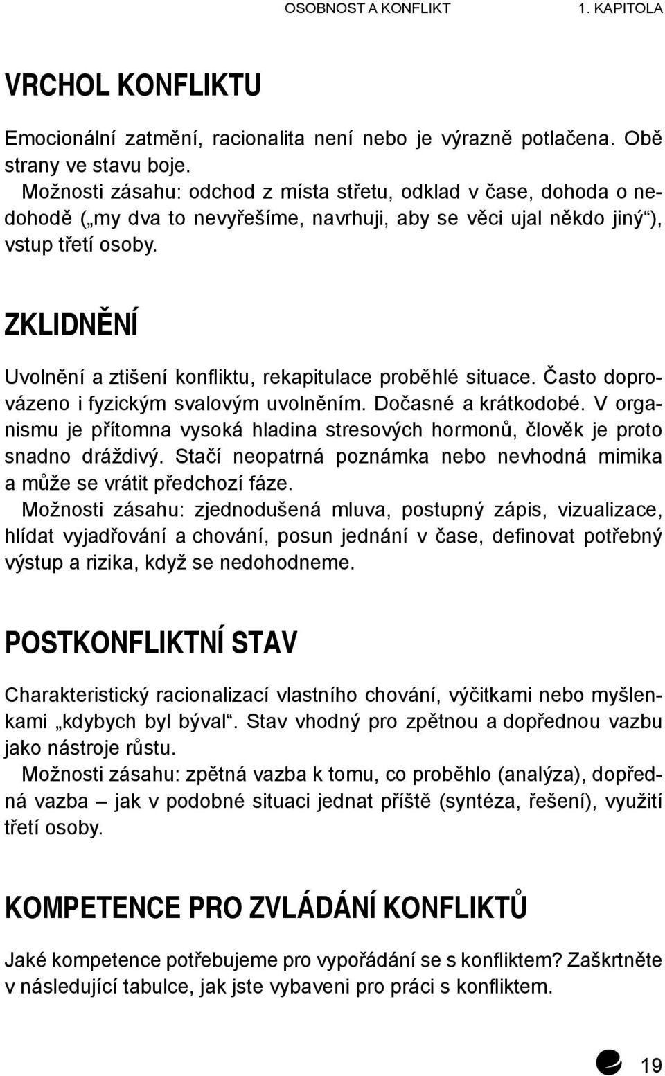 Zklidnění Uvolnění a ztišení konfliktu, rekapitulace proběhlé situace. Často doprovázeno i fyzickým svalovým uvolněním. Dočasné a krátkodobé.