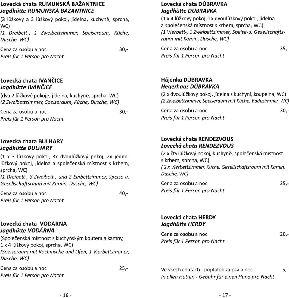 Gesellscha sraum mit Kamin, Dusche, WC) Cena za osobu a noc 35,- Lovecká chata IVANČICE Jagdhü e IVANČICE (dva 2 lůžkové pokoje, jídelna, kuchyně, sprcha, WC) (2 Zweibe zimmer, Speiseraum, Küche,