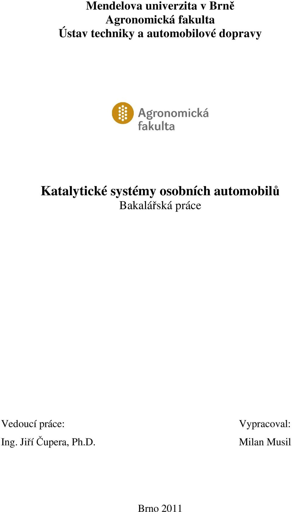 osobních automobilů Bakalářská práce Vedoucí práce: