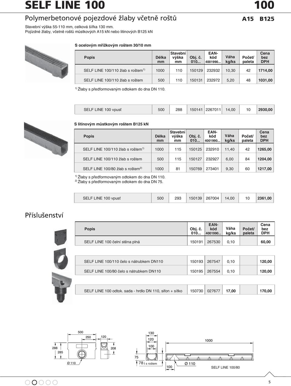 .. SELF LINE 100/110 žlab s roštem 1) 1000 110 150129 232932 10,30 42 1714,00 SELF LINE 100/110 žlab s roštem 500 110 150131 232972 5,20 48 1031,00 1) Žlaby s předformovaným odtokem do dna DN 110.