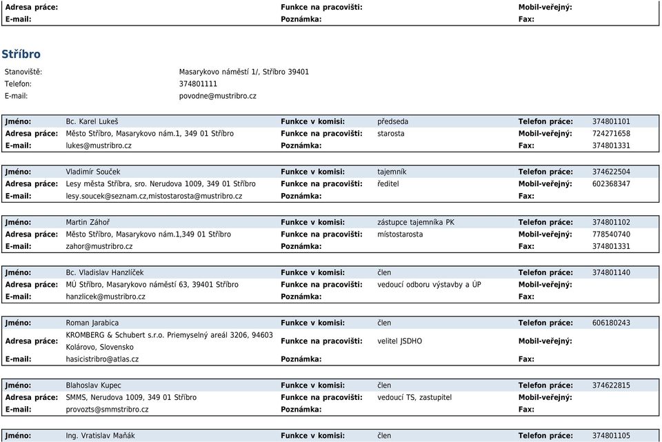 cz Poznámka: Fax: 374801331 Jméno: Vladimír Souček Funkce v komisi: tajemník Telefon práce: 374622504 Adresa práce: Lesy města Stříbra, sro.