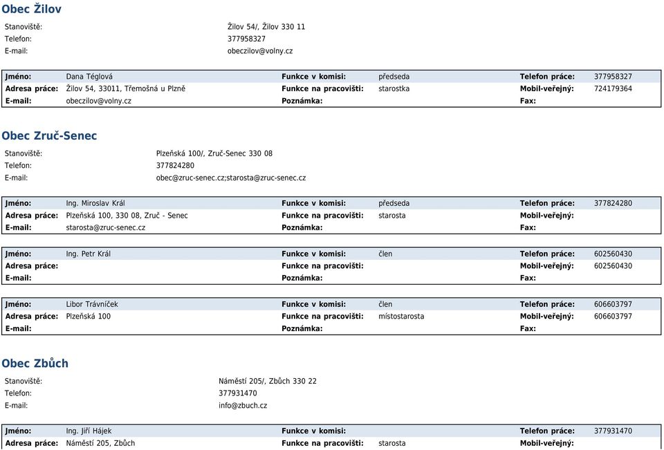 cz Poznámka: Fax: Obec Zruč-Senec Stanoviště: Plzeňská 100/, Zruč-Senec 330 08 Telefon: 377824280 obec@zruc-senec.cz;starosta@zruc-senec.cz Jméno: Ing.