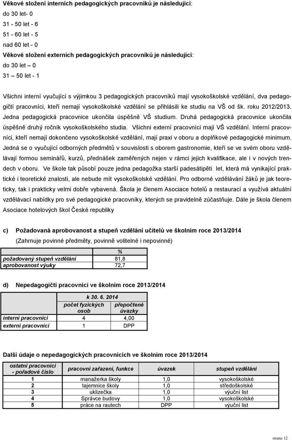 VŠ od šk. roku 2012/2013. Jedna pedagogická pracovnice ukončila úspěšně VŠ studium. Druhá pedagogická pracovnice ukončila úspěšně druhý ročník vysokoškolského studia.