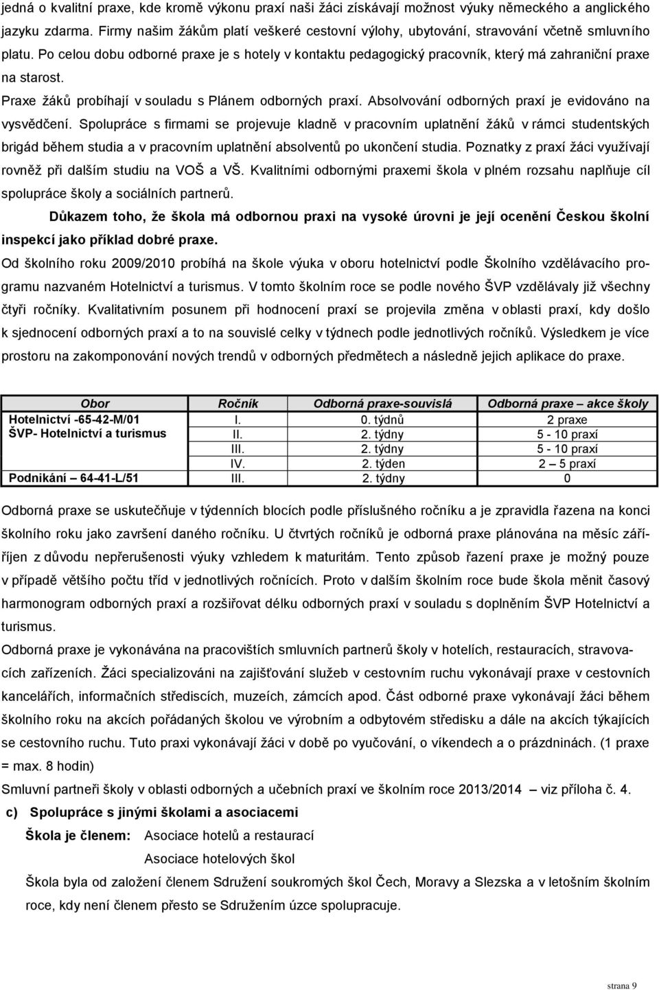 Po celou dobu odborné praxe je s hotely v kontaktu pedagogický pracovník, který má zahraniční praxe na starost. Praxe žáků probíhají v souladu s Plánem odborných praxí.