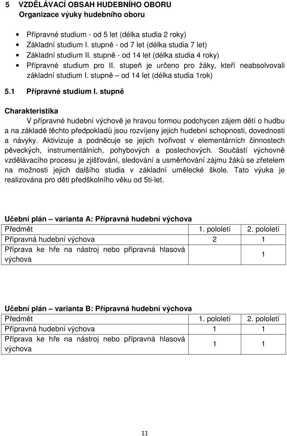 stupně Charakteristika V přípravné hudební výchově je hravou formou podchycen zájem dětí o hudbu a na základě těchto předpokladů jsou rozvíjeny jejich hudební schopnosti, dovednosti a návyky.