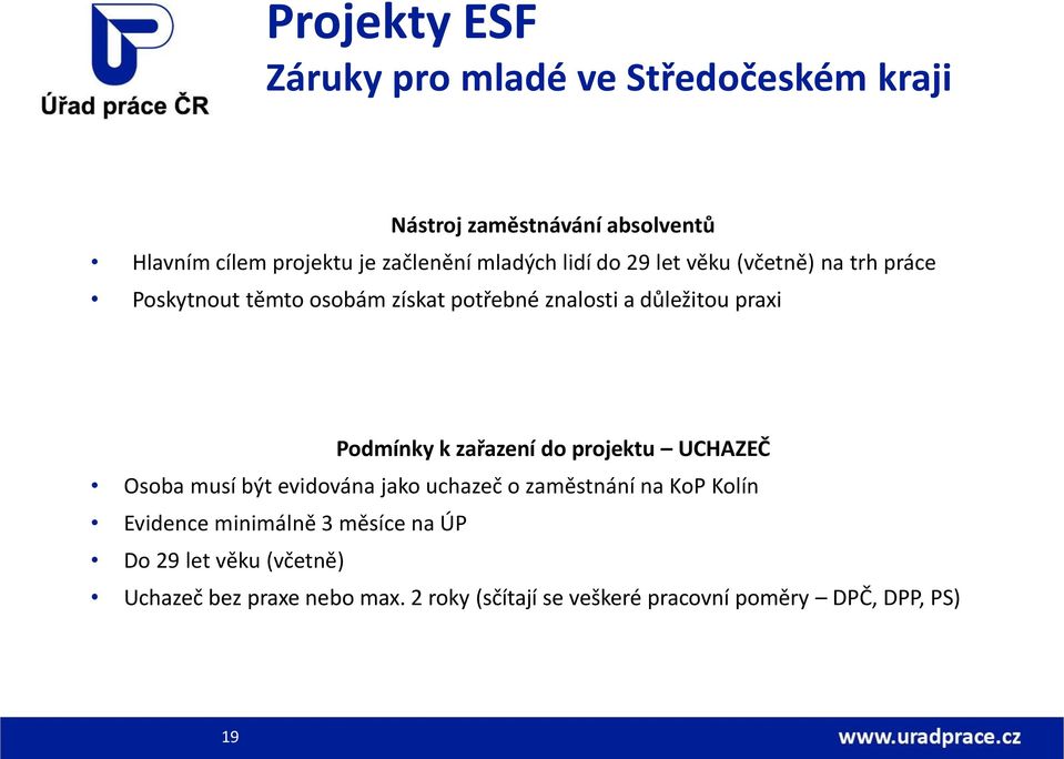 Podmínky k zařazení do projektu UCHAZEČ Osoba musí být evidována jako uchazeč o zaměstnání na KoP Kolín Evidence