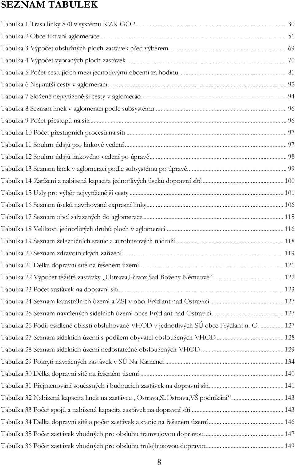 .. 92 Tabulka 7 Složené nejvytíženější cesty v aglomeraci... 94 Tabulka 8 Seznam linek v aglomeraci podle subsystému... 96 Tabulka 9 Počet přestupů na síti.