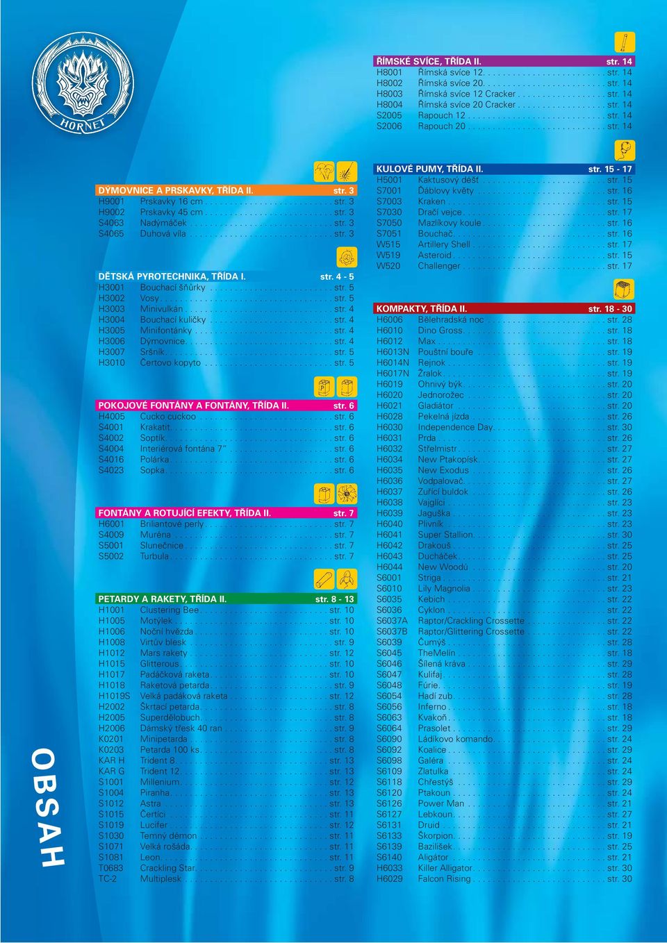 ......................... str. 3 S4063 Nadýmáček............................. str. 3 S4065 Duhová víla............................. str. 3 DĚTSKÁ PYROTECHNIKA, TŘÍDA I. str. 4-5 H3001 Bouchací šňůrky.