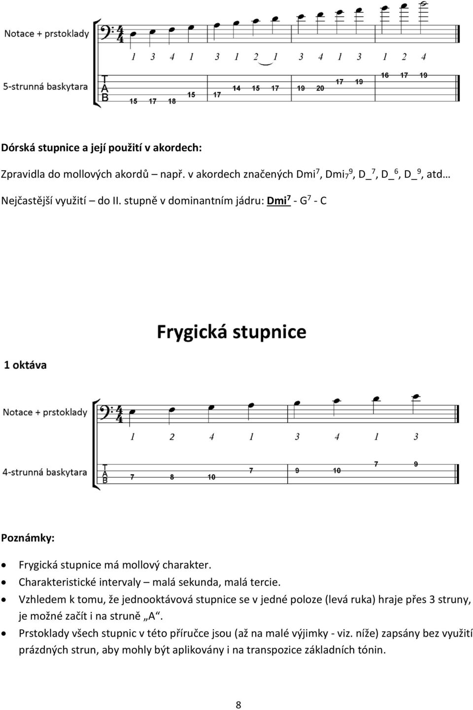 stupně v dominantním jádru: Dmi 7 - G 7 - C Poznámky: Frygická stupnice má mollový charakter. Charakteristické intervaly malá sekunda, malá tercie.