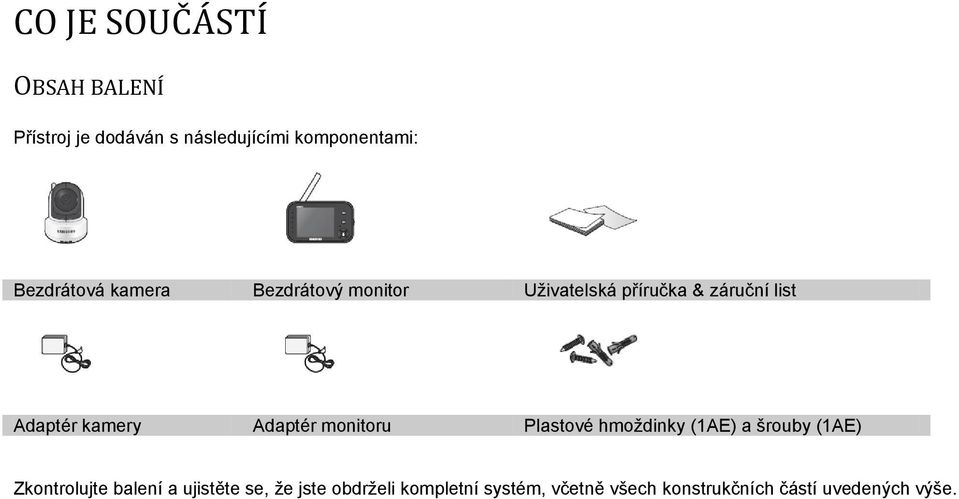 kamery Adaptér monitoru Plastové hmoždinky (1AE) a šrouby (1AE) Zkontrolujte balení a