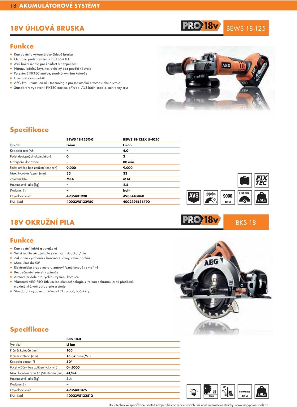 FIXTEC matice, příruba, AVS boční madlo, ochranný kryt BEWS 18-125X-0 BEWS 18-125X Li-402C Typ aku Li-ion Li-ion Kapacita aku (Ah) 4.