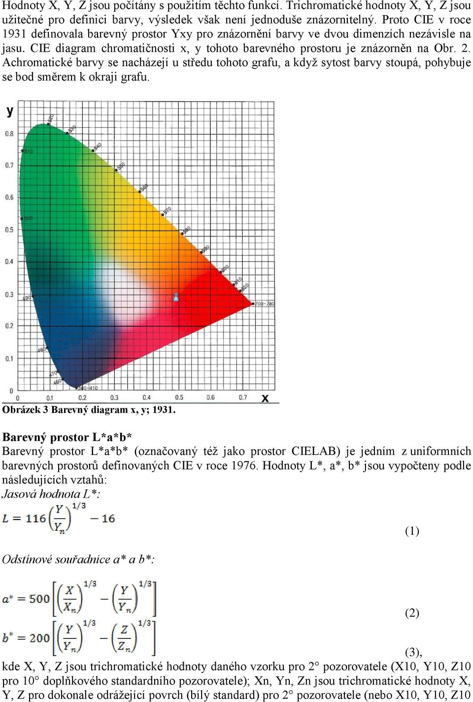 Achromatické barvy se nacházejí u středu tohoto grafu, a když sytost barvy stoupá, pohybuje se bod směrem k okraji grafu. Obrázek 3 Barevný diagram x, y; 1931.