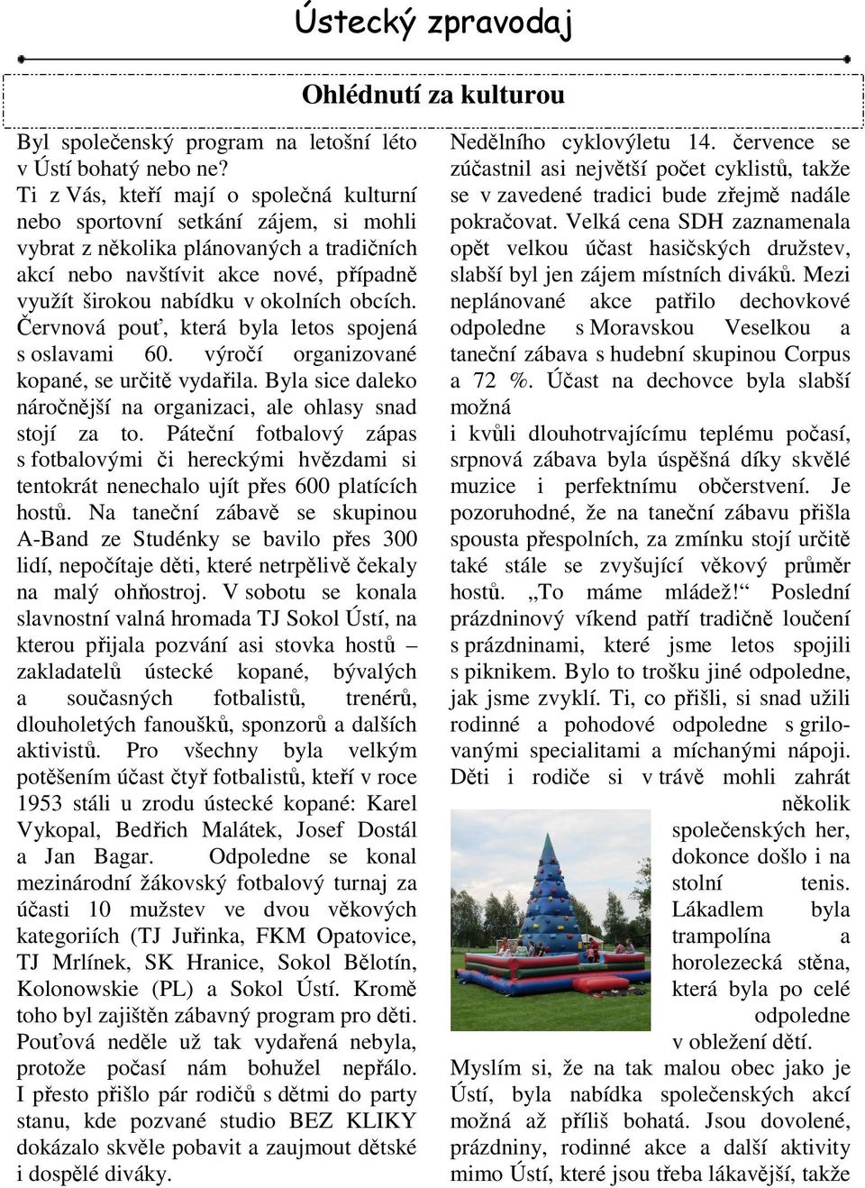 obcích. Červnová pouť, která byla letos spojená s oslavami 60. výročí organizované kopané, se určitě vydařila. Byla sice daleko náročnější na organizaci, ale ohlasy snad stojí za to.
