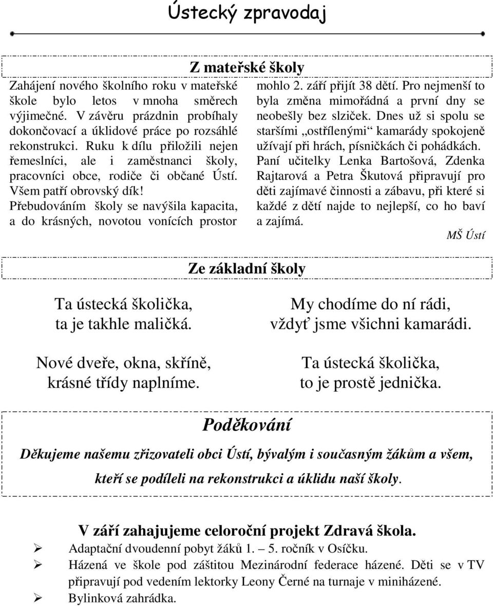 Přebudováním školy se navýšila kapacita, a do krásných, novotou vonících prostor Z mateřské školy Ze základní školy mohlo 2. září přijít 38 dětí.