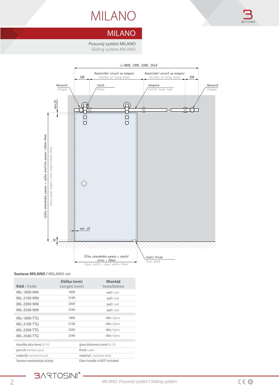 25 0 Šířka skleněného panelu = dveřní otvor + 50mm Glass width = clear width+ 50mm Vodící Prvek Floor guide Sestava MILNO / MILNO set MIL-800-WM MIL-200-WM MIL-2300-WM MIL-2540-WM MIL-800-TTG