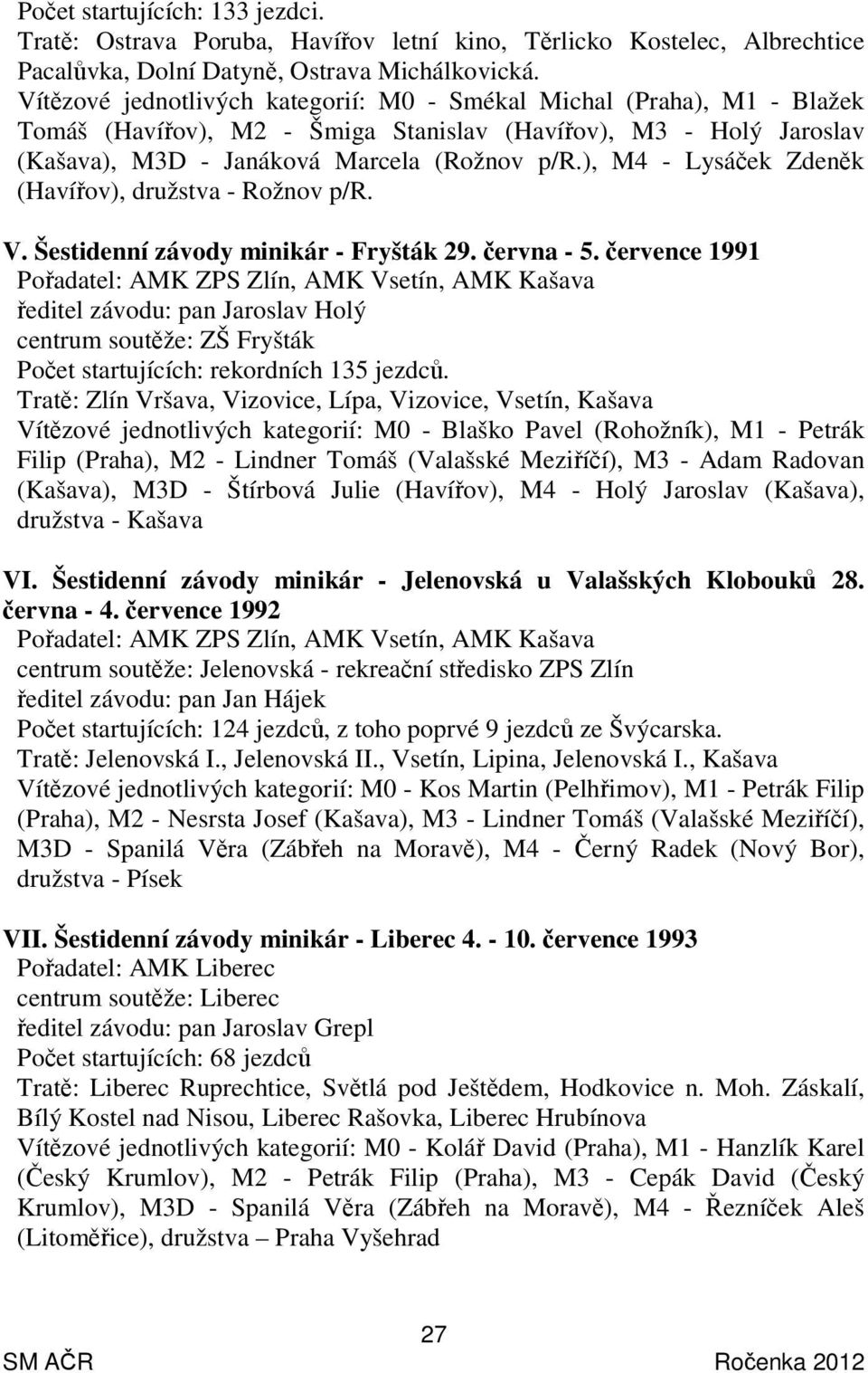 ), M4 - Lysáček Zdeněk (Havířov), družstva - Rožnov p/r. V. Šestidenní závody minikár - Fryšták 29. června - 5.