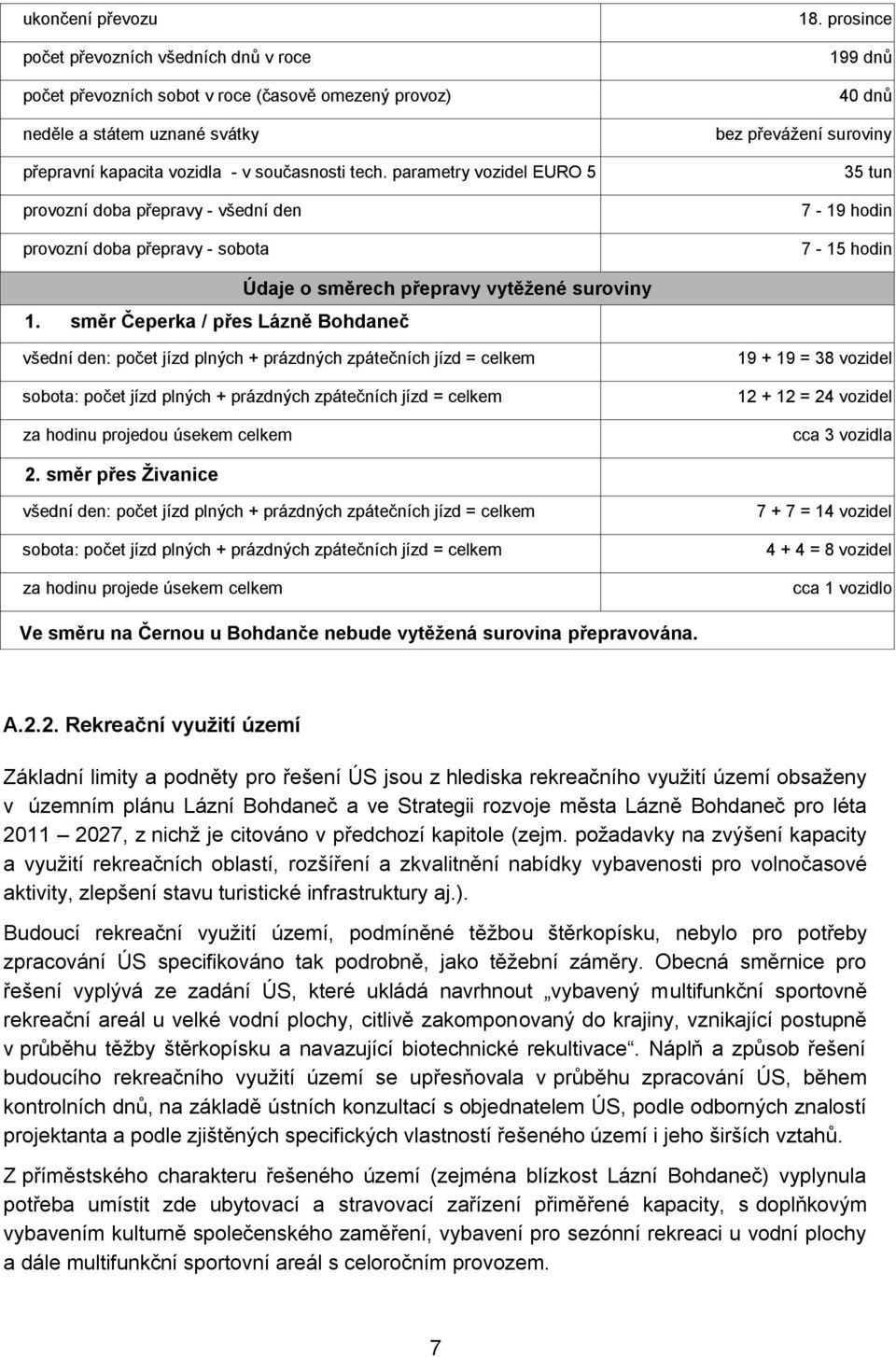 směr Čeperka / přes Lázně Bohdaneč Údaje o směrech přepravy vytěţené suroviny všední den: počet jízd plných + prázdných zpátečních jízd = celkem sobota: počet jízd plných + prázdných zpátečních jízd