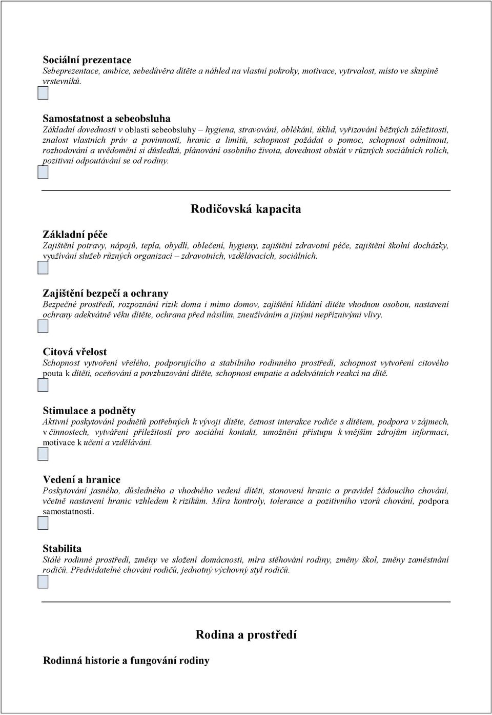 schopnost požádat o pomoc, schopnost odmítnout, rozhodování a uvědomění si důsledků, plánování osobního života, dovednost obstát v různých sociálních rolích, pozitivní odpoutávání se od rodiny.