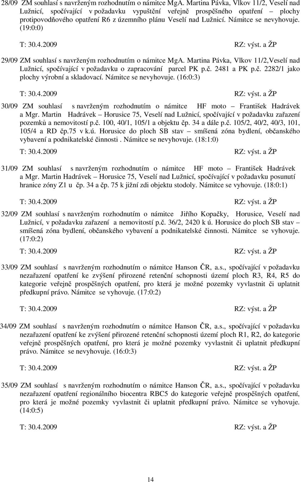 (19:0:0) 29/09 ZM souhlasí s navrženým rozhodnutím o námitce MgA. Martina Pávka, Vlkov 11/2,Veselí nad Lužnicí, spoívající v požadavku o zapracování parcel PK p.. 2481 a PK p.