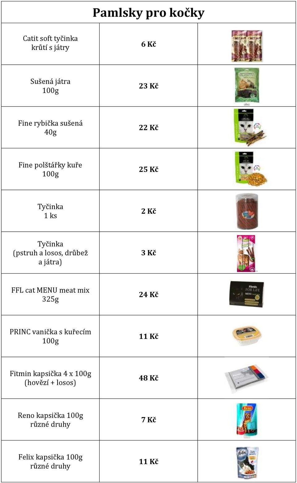 játra) 3 Kč FFL cat MENU meat mix 325g 24 Kč PRINC vanička s kuřecím 11 Kč Fitmin