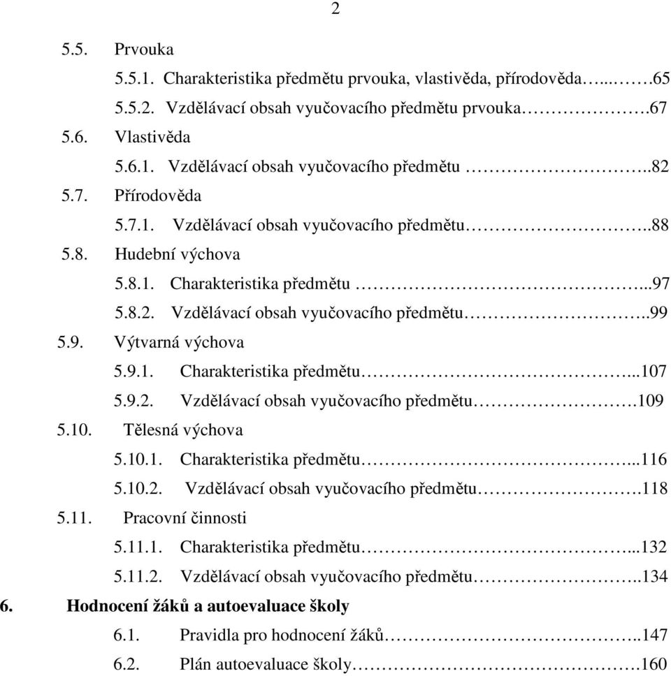 9.2. Vzdělávací obsah vyučovacího předmětu.109 5.10. Tělesná výchova 5.10.1. Charakteristika předmětu...116 5.10.2. Vzdělávací obsah vyučovacího předmětu.118 5.11. Pracovní činnosti 5.11.1. Charakteristika předmětu...132 5.