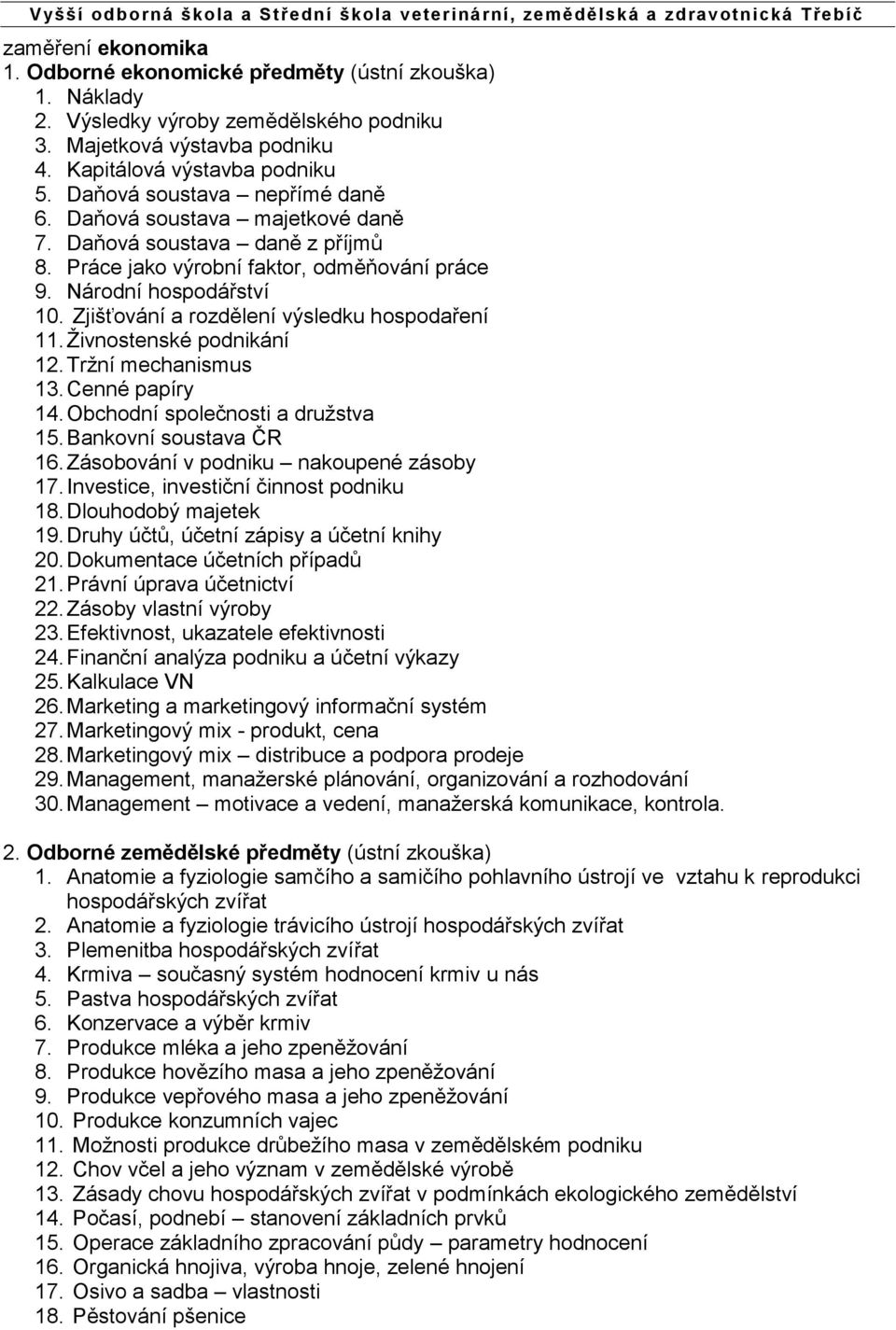 Zjišťování a rozdělení výsledku hospodaření 11. Živnostenské podnikání 12. Tržní mechanismus 13. Cenné papíry 14. Obchodní společnosti a družstva 15. Bankovní soustava ČR 16.