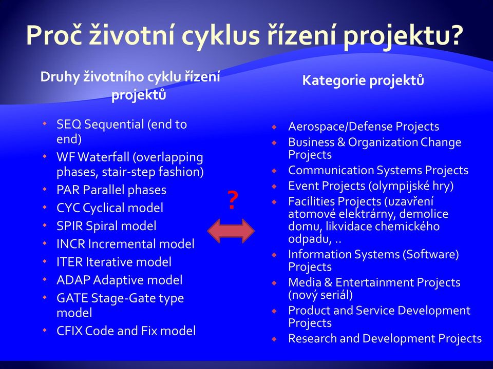 Aerospace/Defense Projects Business & Organization Change Projects Communication Systems Projects Event Projects (olympijské hry) Facilities Projects (uzavření atomové