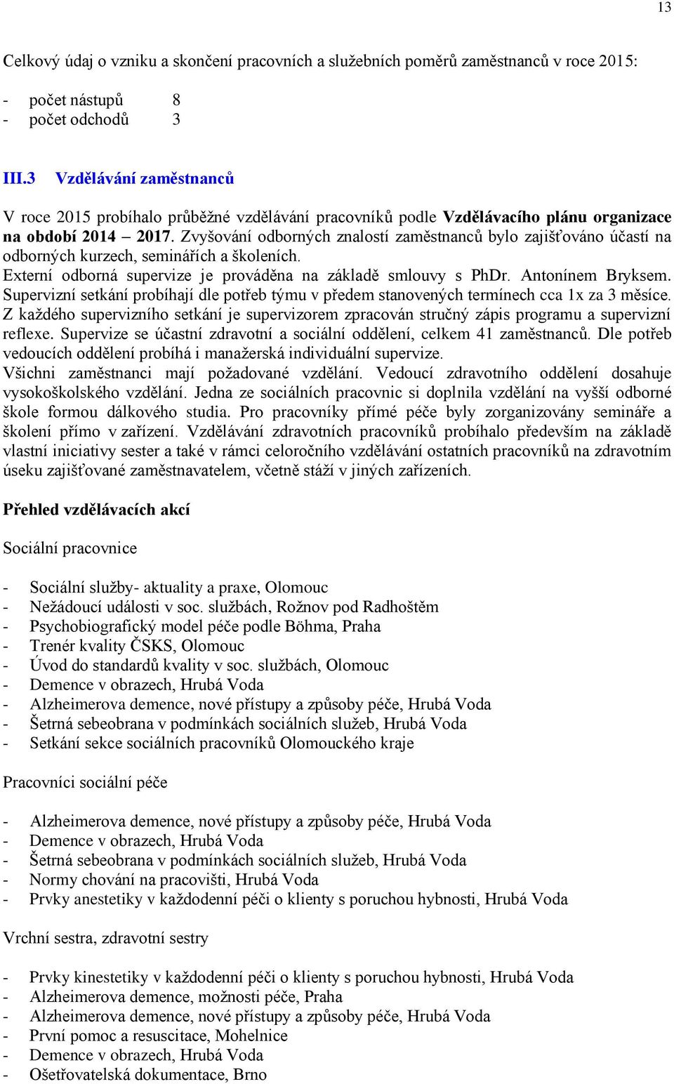 Zvyšování odborných znalostí zaměstnanců bylo zajišťováno účastí na odborných kurzech, seminářích a školeních. Externí odborná supervize je prováděna na základě smlouvy s PhDr. Antonínem Bryksem.