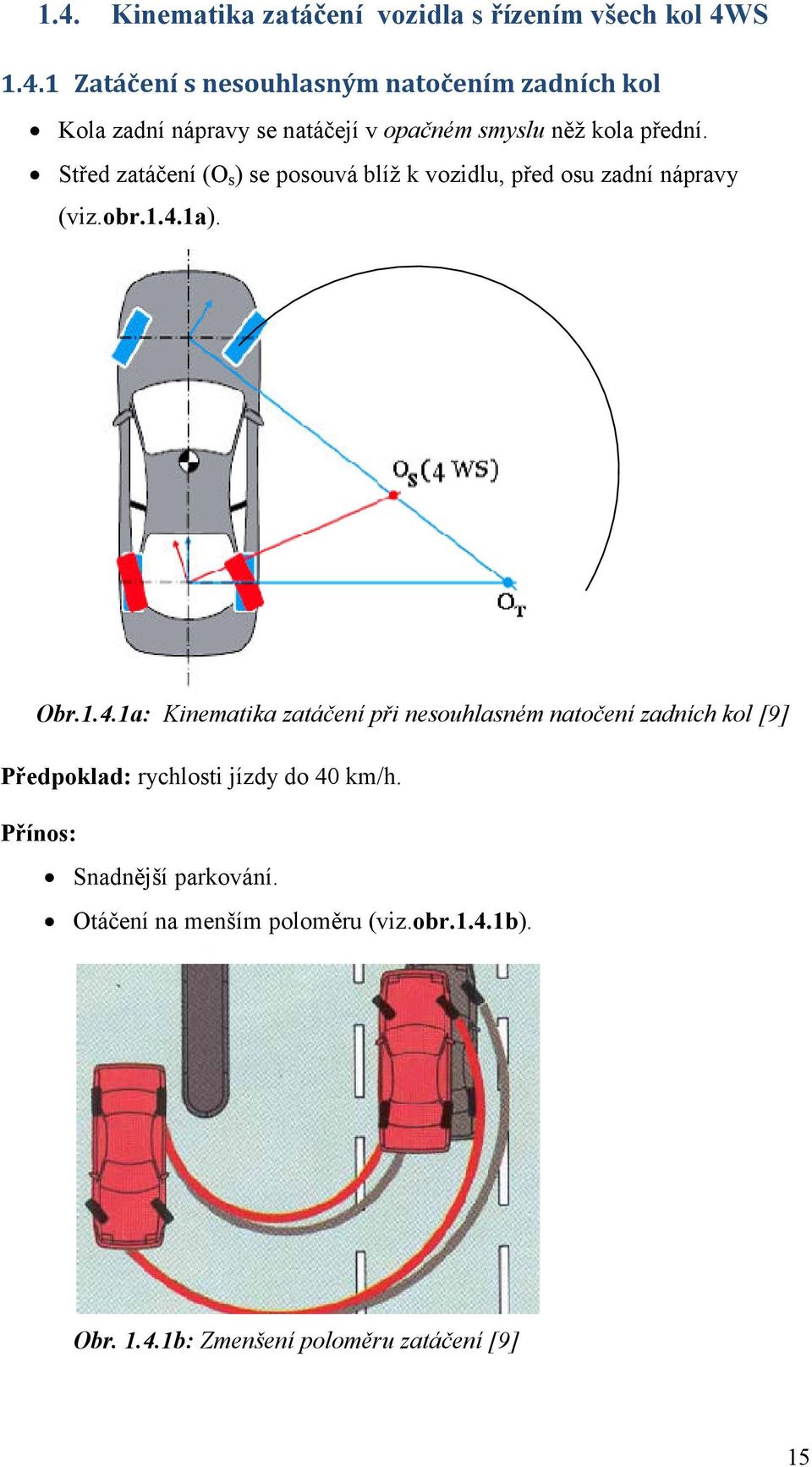 1a). Obr.1.4.1a: Kinematika zatáčení při nesouhlasném natočení zadních kol [9] Předpoklad: rychlosti jízdy do 40 km/h.