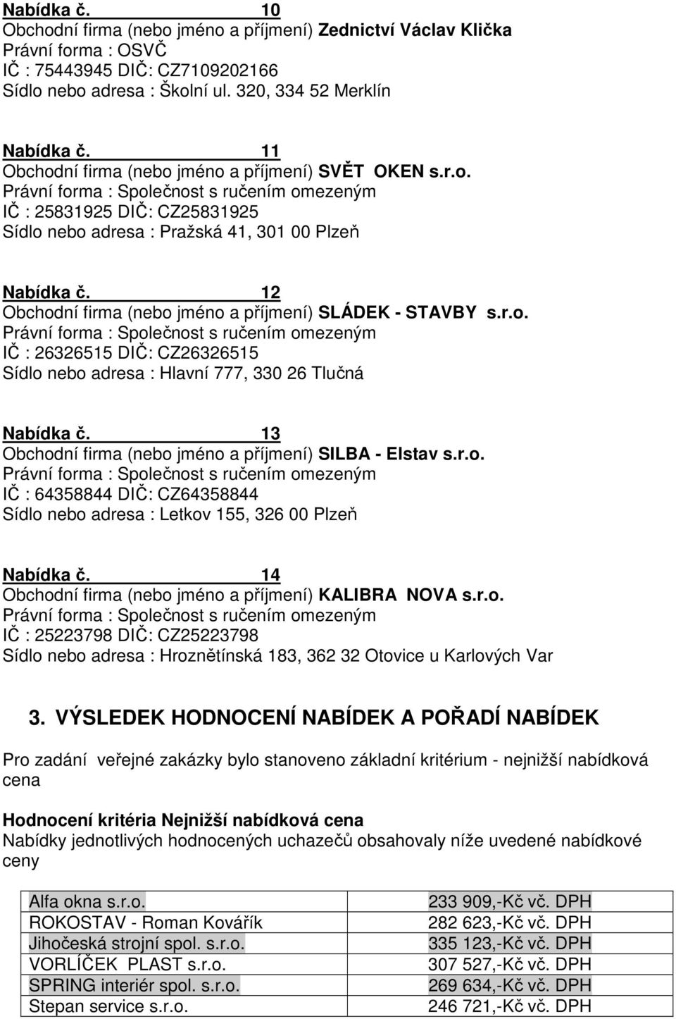 12 Obchodní firma (nebo jméno a příjmení) SLÁDEK - STAVBY s.r.o. IČ : 26326515 DIČ: CZ26326515 Sídlo nebo adresa : Hlavní 777, 330 26 Tlučná Nabídka č.