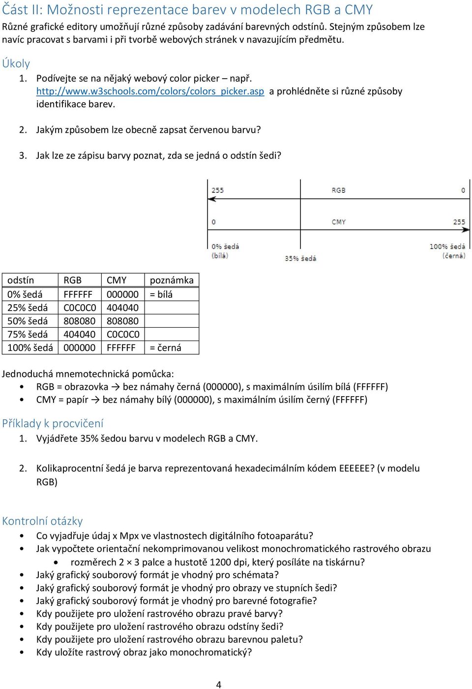 com/colors/colors_picker.asp a prohlédněte si různé způsoby identifikace barev. 2. Jakým způsobem lze obecně zapsat červenou barvu? 3. Jak lze ze zápisu barvy poznat, zda se jedná o odstín šedi?