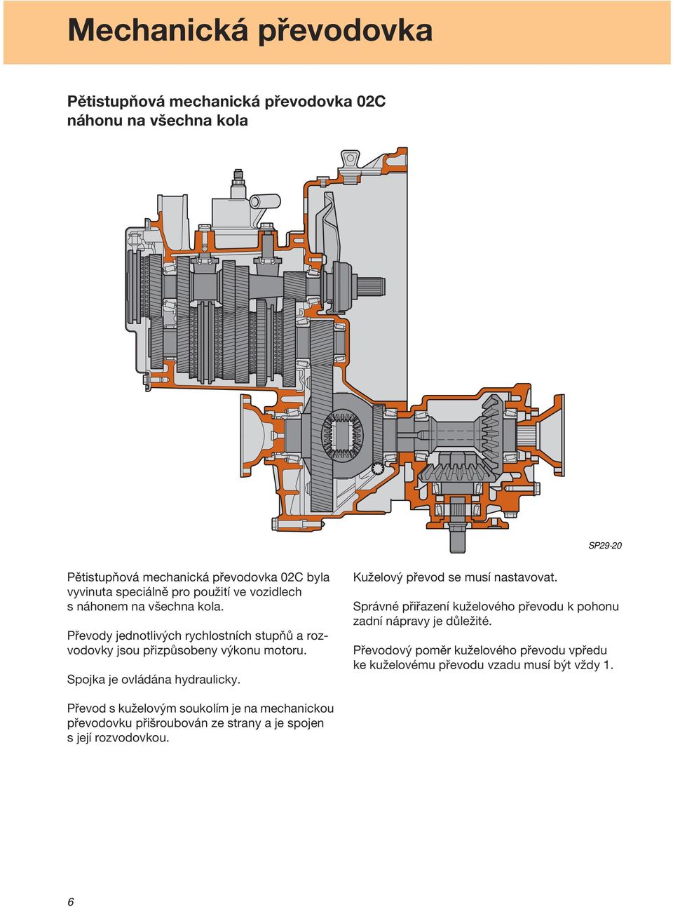 Spojka je ovládána hydraulicky. Kuželový převod se musí nastavovat. Správné přiřazení kuželového převodu k pohonu zadní nápravy je důležité.