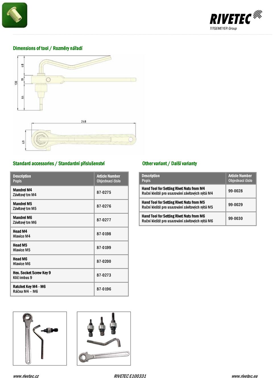 kleště pro usazování závitových nýtů M5 99-0029 Mandrel M6 Závitový trn M6 87-0277 Hand Tool for Setting Rivet Nuts from M6 Ruční kleště pro usazování závitových nýtů